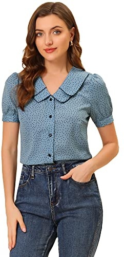 Allegra K Chemise à Pois Femme à Manches Courtes Bouffante Haut à Col Claudine Vintage en Mousseline de Soie Bleu M