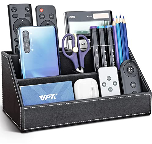 GORESE Leather Multifunctional Desk Organiser, Pen Holder Desk PU Leather Office Pencil Holder Organiser Pen Box Pen Holder Desktop Desk (Black)