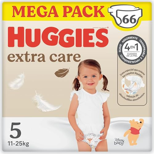 Huggies Extra Care, Pannolini Taglia 5 (11-25 Kg), Ultra Assorbente, Pacco Mega, 66 Pz