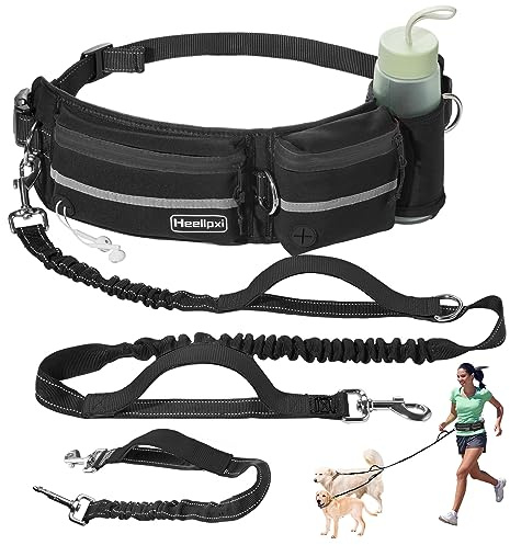 Heellpxi Dog Leash with Waist Belt, Reflective Stitching, Dual Handles, Elastic Retractable Design, Perfect for Running, Black, Suitable for Medium and Large Dogs