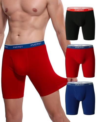 INNERSY Anti Chafing Underwear Mens Long Leg Boxers Shorts with Fly 3 Pack | No Chub Rub Boxer Briefs, Breathable Cotton Underpants Multipack, Front Opening, Running/Hiking/Sports/Gym, Tag-free Trunks