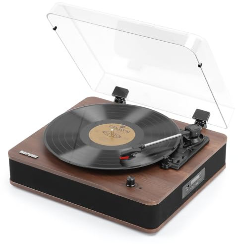 Retrospiler Tourne Disque, Platine Vinyle entrée et Sortie Bluetooth avec Haut-parleurs intégrés, Radio FM, Enregistrement Vinyle-MP3, Lecture USB et SD, écran LED, Noyer