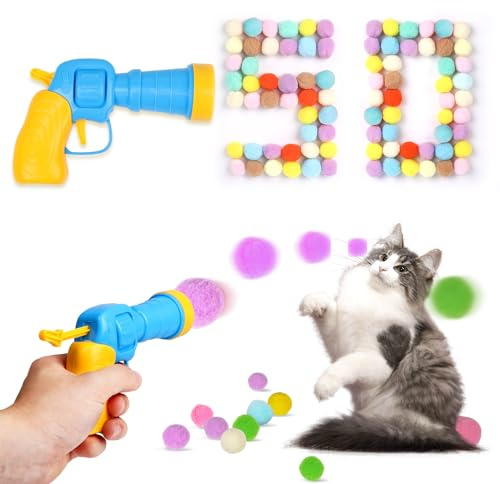 TEAWOO 50Pcs Cat Toys Pom Pom Balls with 1 Launcher Set, Interactive Cat Toy Stuff for Indoor Both Adult & Kitten Toys