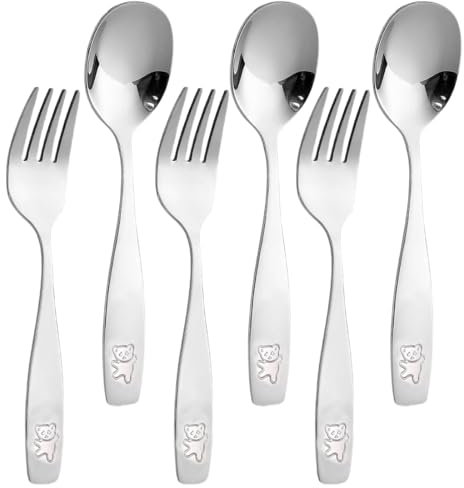 QEQSHQO Qualité supérieure de Couverts enfant, motif ours, 6 pièces pour Enfants, inox poli miroir, 3 x Fourchettes, 3 x Cuillères