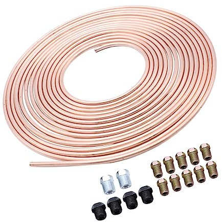 LALADEFIEE 25ft 3/16 Od Nickel Copper Brake Tube Coil Kit Car Brake Line Tubing Fitting for Vehicle Repair