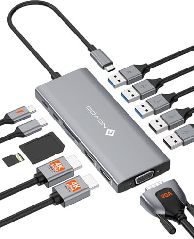 NOVOO USB C Docking Station, 12 in 1 Docking Station Dual Monitor with 2 HDMI, VGA, 5 USB Ports, 100W PD, USB-C Data, SD/TF Card Reader, Compatible with MacBook/Dell/HP/Surface