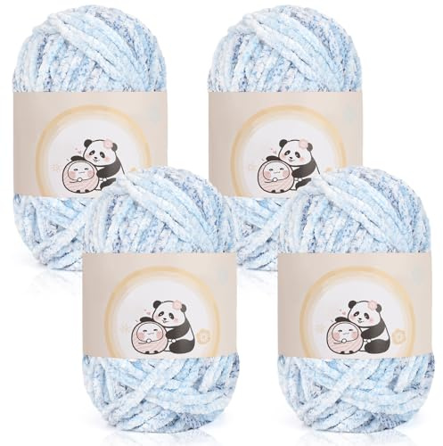 Aeelike Chenille Yarn 400g, 4 Pack Plush Chenille Chunky Yarn for Crochet 100g, Soft Fluffy Baby Velvet Thick Ombre Wool for Knitting Blankets, Scarves, Socks & DIY Crafts, Gradient Blue