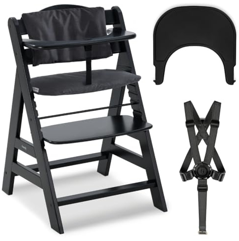 hauck Hochstuhl Alpha+ mit Tablett Click Tray und Sitzpolster - Mitwachsender Babystuhl aus Holz, Kinderhochstuhl ab 6 Monate, verstellbar - Schwarz