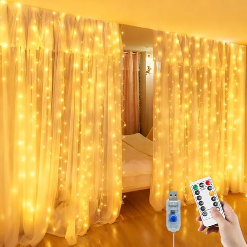 Christmas Fairy Curtain String Lights 300LED 10x10Ft USB Plug in 8 Modes 10 Drops Hanging Copper Wire Lights with Remote Timer for Bedroom Window Curtains Wedding Party Indoor Xmas Decor, Warm White