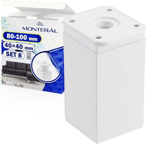 MONTERAL 8 Piezas Patas para Muebles Regulables 80 mm Que se Extienden hasta 100 mm Perfil 40x40 mm - Ajustables Patas Mueble de Color Blanco Fabricada en Aluminio - Garantía de 10 Años