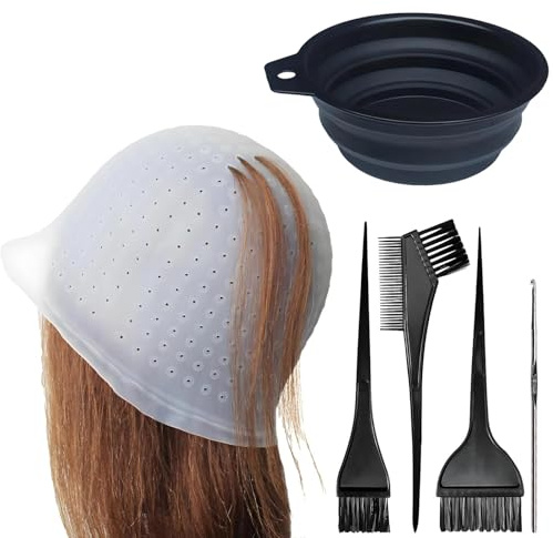 Lot de 6 bonnets de coloration en silicone avec crochet, accessoires de coloration des cheveux et bol de coloration pour cheveux pour femmes et filles, blanc