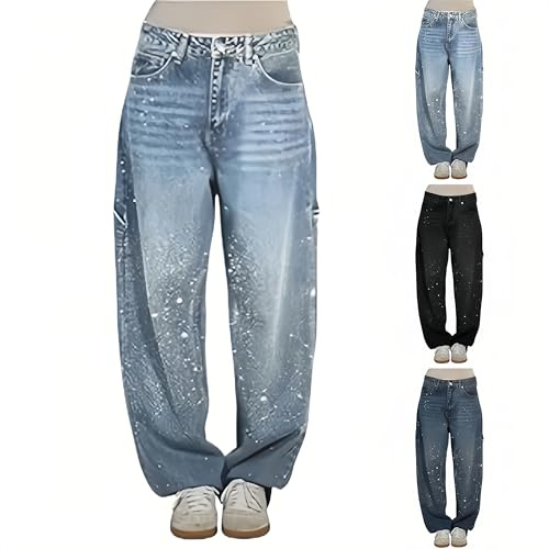 PAIDAXING Jeans a barile da donna UK Suquin Strass Vita media Bassa Jeans larghi Gamba Larga Glitter Oversize Harem Pantaloni da donna Plus Size Spaekly Y2K Boyfriends Denim Pantaloni con tasche