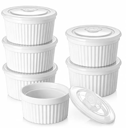 Juego de 6 Moldes para Soufflé 240ml Ramequines de Cerámica Cuencos de Postre para lavavajillas y horno Baking Moldes de Porcelana Ramekins para crème brûlée,soufflé y postres,Blanco (Con Tapa)