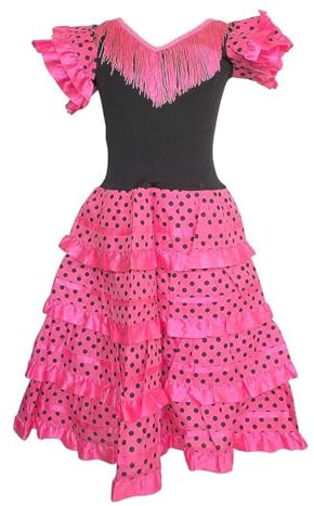 Genérico 12+ Meses, 1 Año Vestido de Flamenco Rosa con Lunares Negros para Niñas, Traje Español con Volantes y Flecos, 12+ Meses, 1 Año