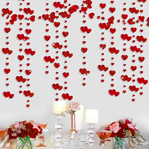 52Ft Valentines Day Party Decorations Red Heart Garland Metallic Glitter Hanging Heart Streamer Banner for Anniversary Mother's Day Engagement Wedding Bridal Shower Bachelorette Hen Party Supplies