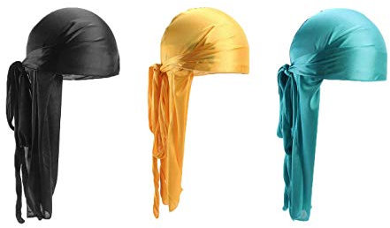 Durag Gorra,3 Pack Durag Suave Sedoso 100cm Cola Larga Headwraps Correa Ancha Stocking Wave Cap Envoltura de Cabeza para Hombres Mujeres Hip-hop y Decoración Diaria Negro Azul Amarillo
