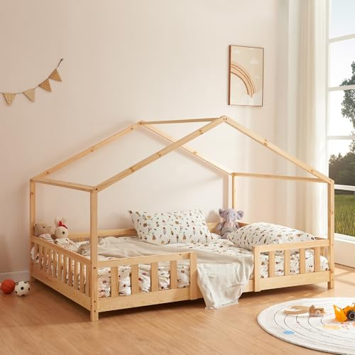 [en.casa] Kinderbett Treviolo Hausbett 90 x 200 cm Holzbett für Kinder mit Rausfallschutz Montessori Bettgestell mit Lattenrost Kiefernholz Holzfarben