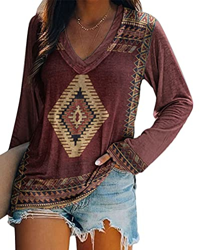 Tomwell Chemise Femme Manches Longues Imprimé Géométrique Décontracté Col V Top Blouse Pull en Tricot Lâche Sweat Sport Vin Rouge S