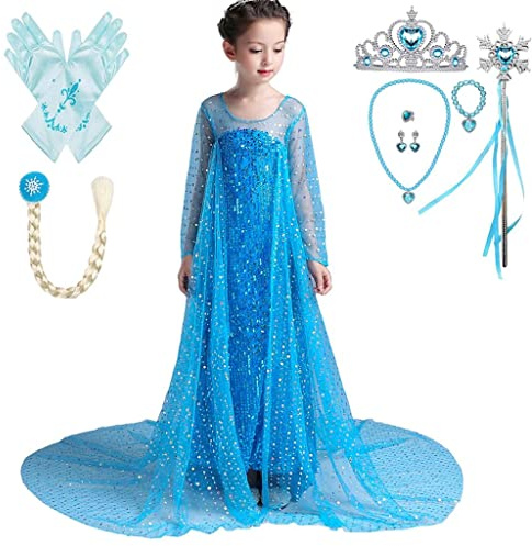 Lito Angels Deguisement Robes à Paillettes Costume Princesse avec Cape de Train et Accessoires Enfant Filles Taille 8-9 ans, Bleu