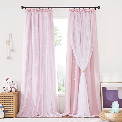 NICETOWN Mörkläggningsgardin - Interiörgardiner och draperier med vit voile flicka sovrumsinredning barn/vardagsrum med stjärnan fransar, B 132 x H 240 cm, ljusrosa, 2 st