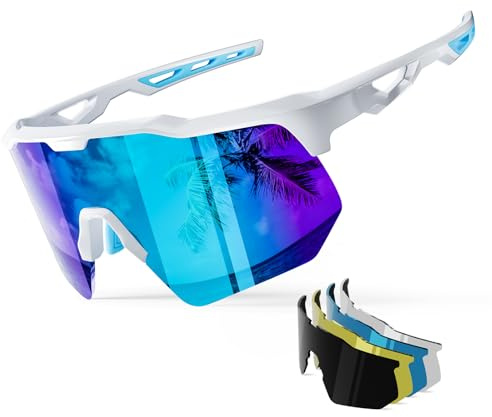 HAAYOT Polarized Sports Sunglasses for Men Women Youth Baseball Cycling Running Softball Biking Glasses 5 Lenses Bright White Sky Blue