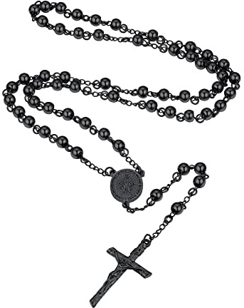 Supcare Black Rosary Necklace for Men Prayer Beads Gifts for Catholic Mens Women Car Mirror Baptism First Communion Rugged Stainless Steel Long Rosaries with Cross and Velvet Pouch