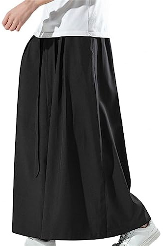 Black Ice Silk Hakama Pants with A Wide Bottom Kimono Men Cotton Exercise Pants Black 4XL