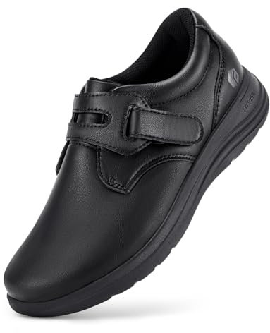 FitVille Diabetiker Schuhe Damen Extra Weit Leder Mokassins Slippers Orthopädische Schuhe mit Klettverschluss Verstellbare Loafers Bequemer Elegant für Geschwollene Füße Schwarz 41 EU X-Weit