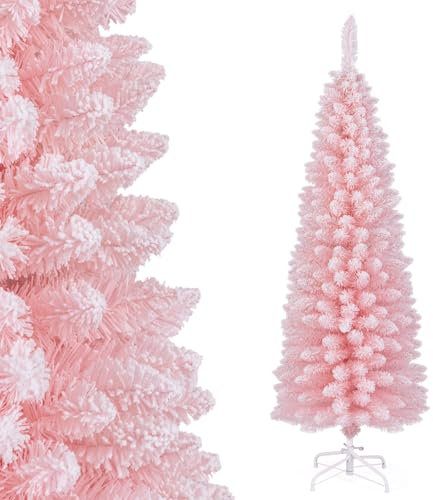 GIANTEX Albero di Natale da 150 cm, albero di Natale artificiale con 328 punte di rami floccati, supporto in metallo pieghevole, albero decorativo a matita sottile, per casa, ufficio, carnevale, rosa