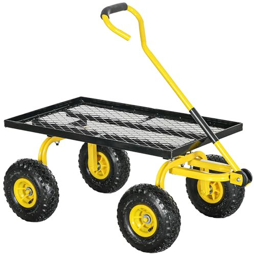 Outsunny Garden Trolley Cart, Heavy Duty Garden Cart with Metal Frame, 10 Pneumatic Wheels, Rotating Handle, 150kg Capacity, for Garden, Farm, Yellow