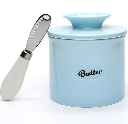 Porta Burro,Portaburro Burriera da banco con coltello da burro, su richiesta, burro spalmabile, barattolo di burro in ceramica a campana, piatto for burro con coperchio(Silver)