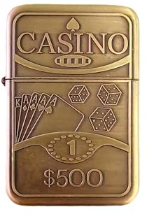 Accendino Meccanico a Benzina Ricaricabile Casino $500 Poker Dadi Carte Metallo Bronzo Anticato