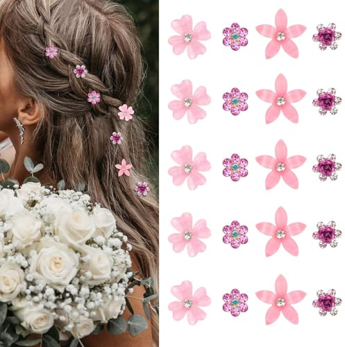 Pinzas Pelo Flores Pequeñas, 20 Piezas Horquillas Flores Pelo Novia, Pinzas Pelo Mujer Pedrería, Accesorios Pelo Flores Boda para Boda, Cumpleaños, Fiesta (D-Rosa)