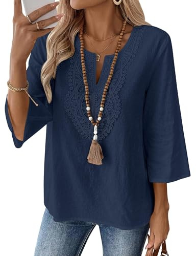 FDKLOOK Womens Linen Top Cotton 3/4 Sleeve V Neck Lace Boho Shirts | Linen Clothes,Lace Patchwork,Ladies 3/4 Sleeve Shirt,Solid Colour,Cotton Top,Pullover Loose Fitted,Summer Casual Shirts
