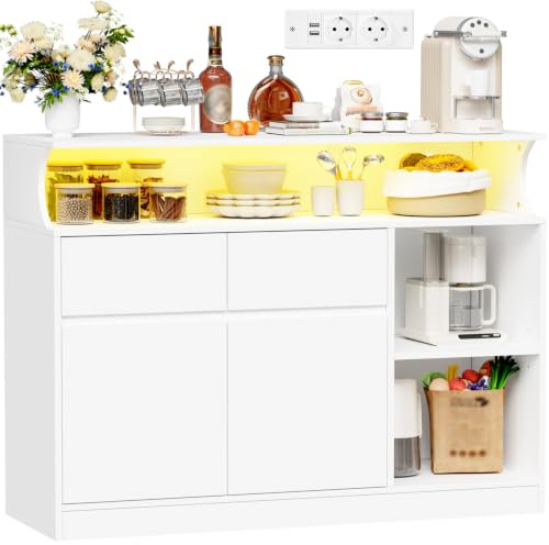 BEWISHOME Meuble Cuisine, Buffet avec Multiprise et Éclairage LED Blanc | 100×80×35cm Meuble bas Cuisine, Meuble Rangement Cuisine 2 Tiroirs et 2 Portes, Placard, Étagères Réglables, Cuisine, Salon