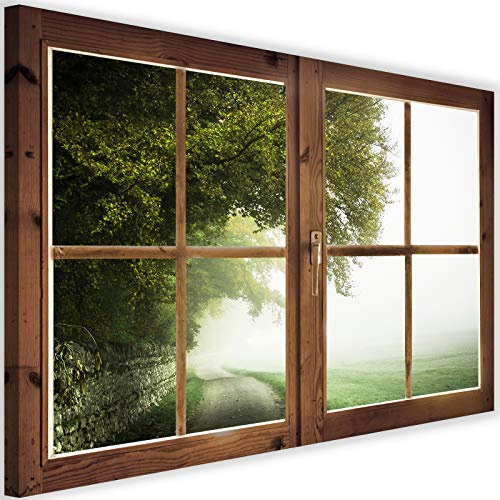 Feeby Quadro su Tela 3D Finestra XXL 120x80 cm 1 Pezzo Stampa Murale Fotografia Decorazione da Parete Immagini Moderni per Soggiorno Camera da Letto Ufficio Cucina Paesaggio Rustico Verde