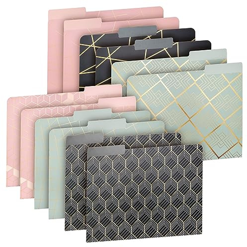 Paper Junkie Decorative File Folders - 11.5 x 9.5 in, Pink Pack of 12 - Cute Geometric Accents & Gold Foil 1/3 Tab - Pretty Colored folders for Office Supplies & School
