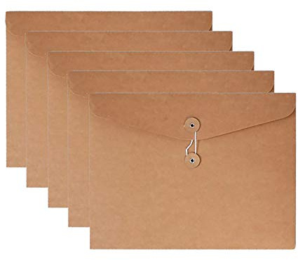 VANRA Kraft String Envelope File Folder Project Pockets File Jacket Document Organizer Flat-No Expansion A4 Letter Size (Kraft Brown, Pack of 5)