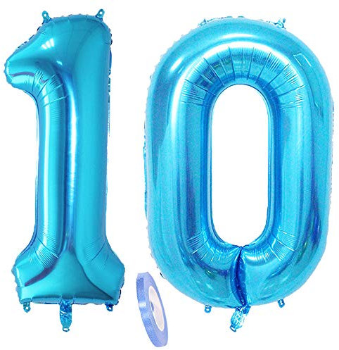2 Luftballons Zahl 10, Nummer 10 Luftballon Blau Mädchen Junge Jungs,40 Aufblasbar Helium Folienballon Blue Ballons Figuren,Riesen ballon für Geburtstag Party Dekoration Abschlussball (xxxl 100cm)