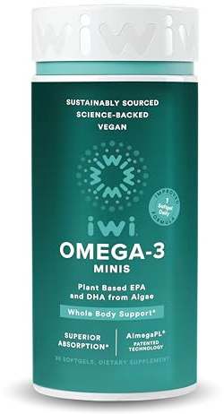 Iwi Omega-3 Mini Softgels (30 Servings), Easy to Swallow, Plant-Based Algae Omega 3 with EPA + DHA, Whole-Body Support Dietary Supplement, Krill & Fish Oil Alternative, No Fishy Aftertaste