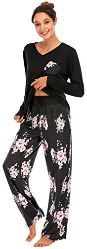 Famulily - Pigiama da donna lungo, set completo, autunno inverno, in cotone, stampato, biancheria da notte, in due pezzi, top e pantaloni a gamba larga, taglie dalla S alla XXL, Nero , XL