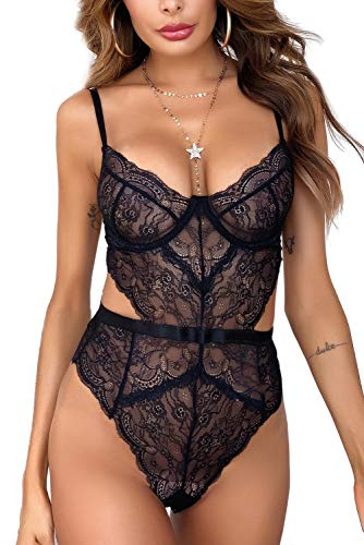 EVELIFE Bodysuit för kvinnor, sexiga underkläder, bh med bygel, overall, sexiga underkläder, negligé, spets, underkläder, babydoll, underkläder, svart, S