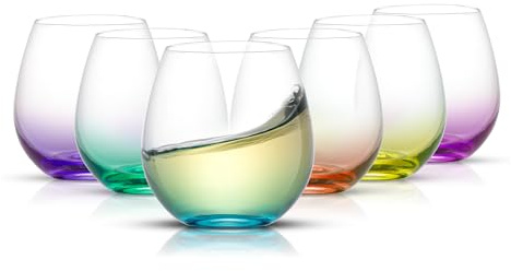 JoyJolt Hue Stemless Wine Glass Set, Large 15 oz Stemless Wine Glasses Set of 6 for White Red or Water, Short Glass Tumblers, No Stem Margarita Glasses, Colored Tumbler