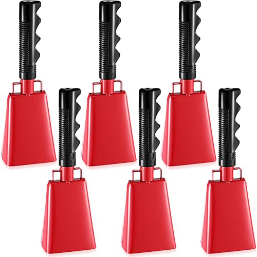 Yeshone 6 Pcs 8.6'' Steel Red CowBells Noise Makers with Handle,Solid Cow Bells for Sporting Events to Make Big Noise for Football Soccer Hockey Baseball Basketball Games(Small)