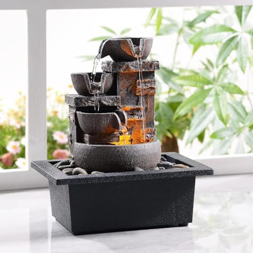 Kalona Décor Desktop Fountain - 10 4-Tier Design with Imitation Stone, Indoor Waterfall Tabletop River Rocks & Resin Material for Serene Meditation & Relaxation - Ideal for Home & Office Decor
