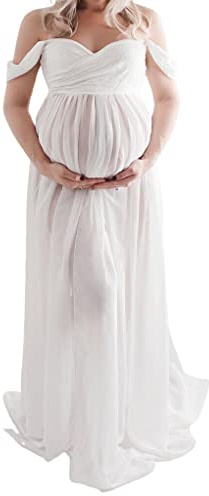 Ailan Gravid Fotografi Klänning Chiffong Klänning Split Maxi Graviditet Lång gravid fotografering Kläder Rekvisita Baby shower outfit, Vit, XL