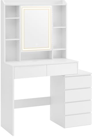 VASAGLE KAILYN Collezione - Toeletta con Luci LED a LuminositàRegolabile, Tavolo da Trucco con Specchio, Scomparti Aperti, Ripiani Regolabili, Postazione Trucco, Moderno, Bianco Nuvola RDT124W01