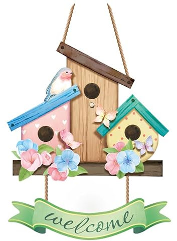 CHDITB Frühling Willkommensschild Haustür, Vogel Blulmen Frühling Holz Schild Plaque für Tür (29x20x0,5 cm), Herzlich Willkommen Schild Frühling Deko für Haus Bauernhaus, Willkommen Schild