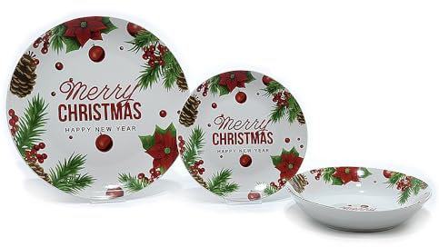 Servizio di piatti natalizio 18 pezzi bianco stella rossa e agrifoglio merry christmas per 6 persone tavola di natale elegante