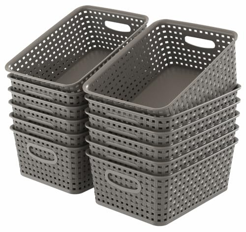 WYT 12-Pack Plastic Small Shelf Storage Weave Baskets for Organizing, Grey